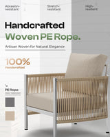 Oasbira Aluminum Outdoor Patio Couch Loveseat, HDPE Rope Patio Sofa with Washable Thick Cushion, All-Weather Patio Furniture for Balcony, Yard, Silver Frame, Beige Oasbira