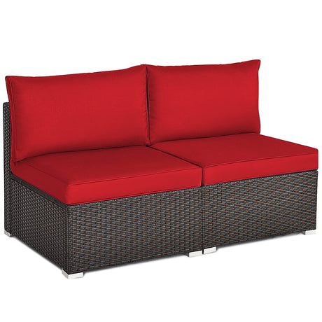 Tangkula 2 PCS Outdoor Wicker Armless Sofa, Patio Rattan Sectional Sofa Set w/2 Thick Seat Cushions and 2 Back Cushions, Additional Seats for Balcony Garden Patio Poolside (Red) Tangkula