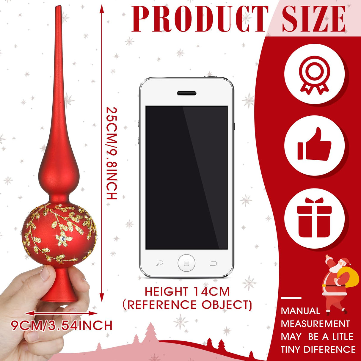 Gejoy Glass Christmas Finials Tree Topper Red Ornaments Spherical Blown Glass Xmas Tree Topper Finials with Carved Flowers Holiday Indoor Suitable for Party Decoration, 9.8inches Gejoy