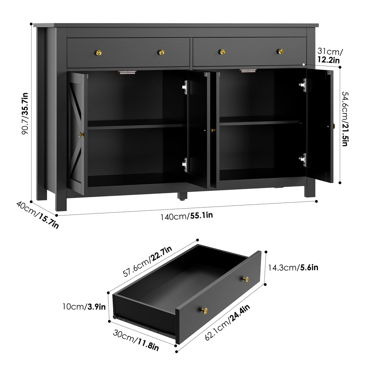 FOTOSOK Black Sideboard Buffet Cabinet with Storage, 55.1" Large Buffet Cabinet Kitchen Cabinet with 2 Drawers and 4 Doors, Farmhouse Coffee Bar Cabinet Buffet Table Sideboard Cabinet for Kitchen FOTOSOK