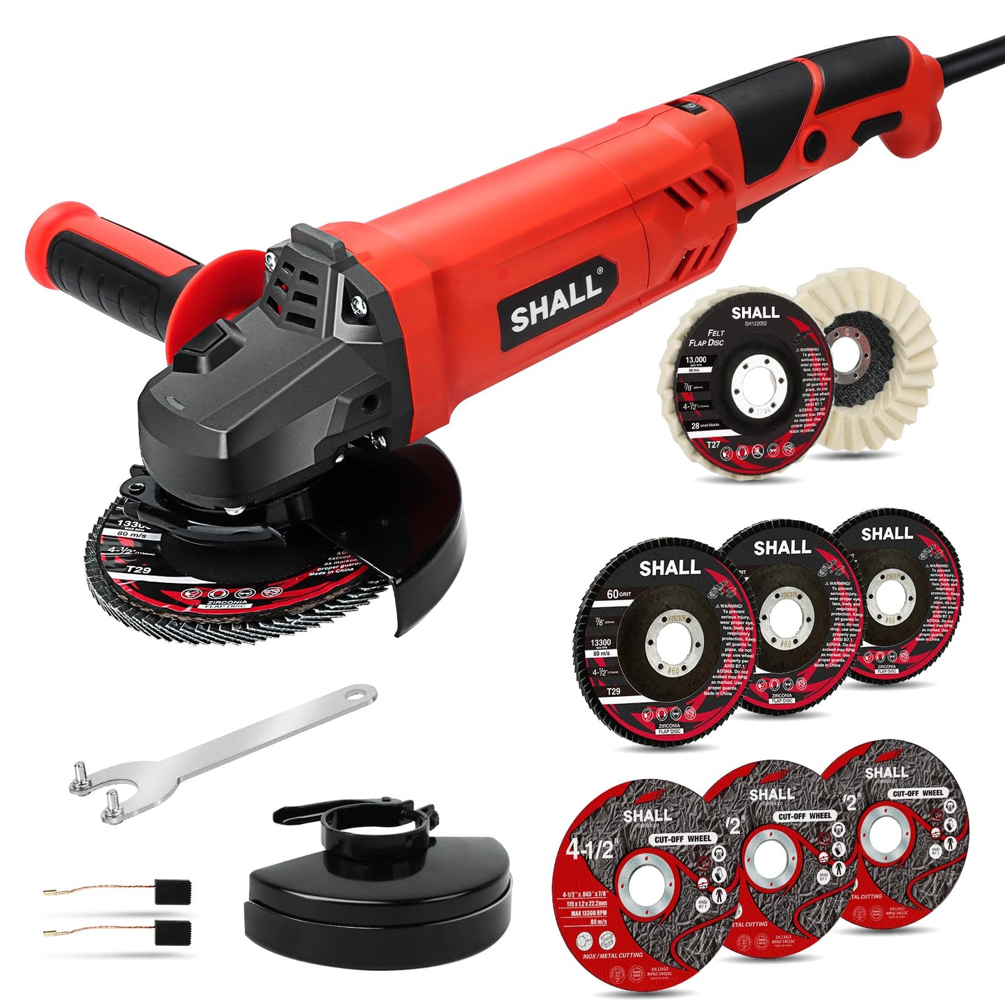 SHALL Angle Grinder Tool 7.5Amp 4-1/2 Inch, 6-Variable-Speed Grinders Power Tools, Electric Metal Grinder 12000 RPM w/ 2 Safety Guards, Cutting Wheels, Flap Discs, Non-Slip Handle for Metal/W - WoodArtSupply