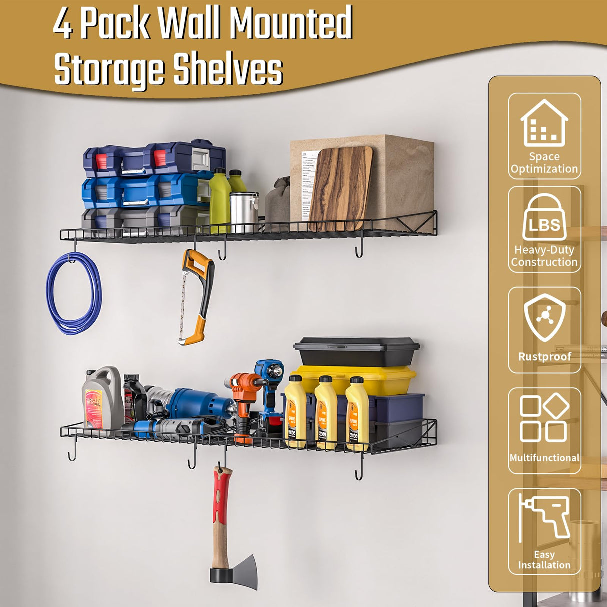 4 Pack Garage Wall Shelf, Garage Wall Mounted Shelving, Heavy Duty Floating Shelves With 8 Hooks, Loads 180 LBS Black Wall Shelves Mesh Storage Rack for Office, Basement, Wall Cabinet and Kitchen Riciakik