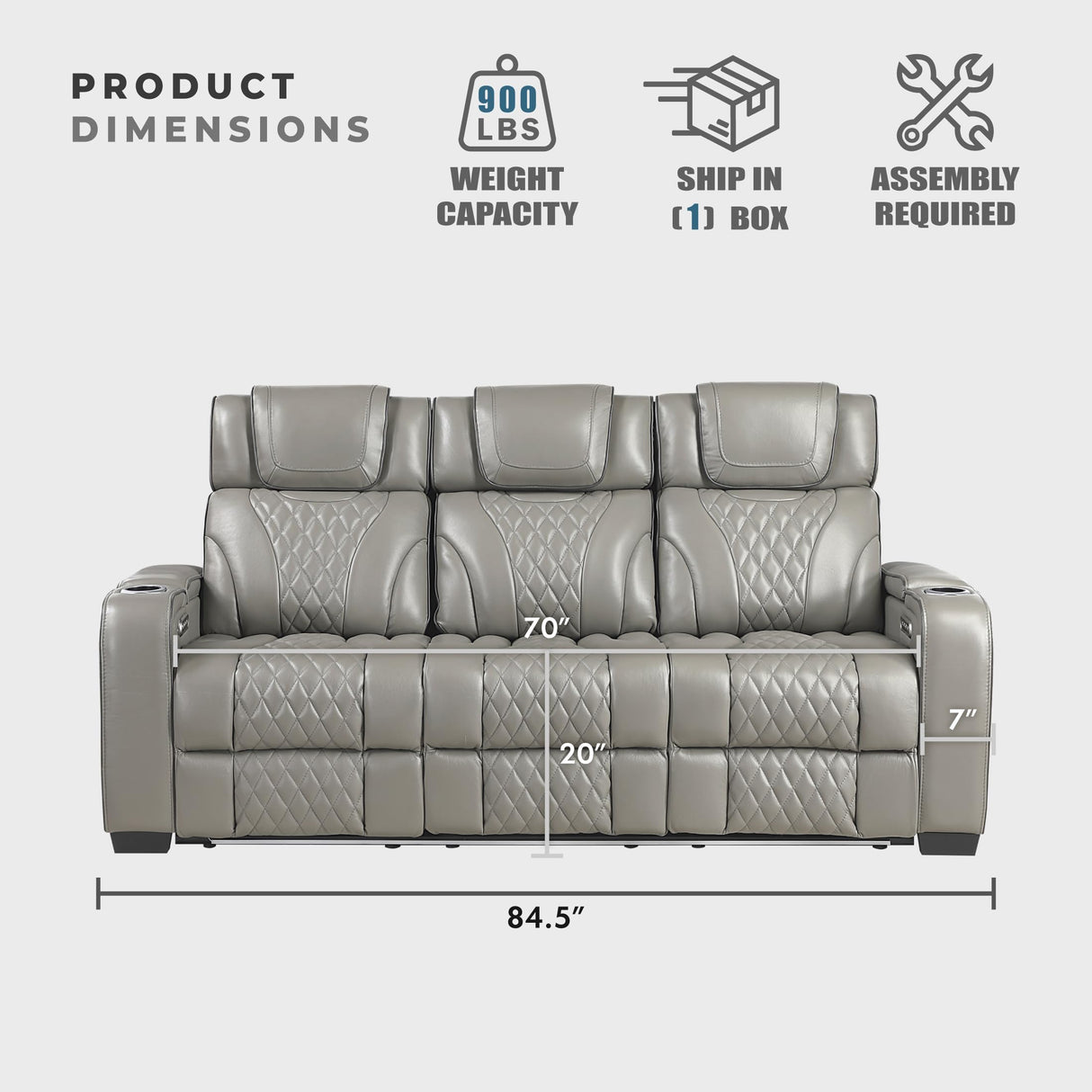 Lexicon Power Double Reclining Sofa, Center Drop-Down Table with Heat/Massage/Headrest/Storage Arms/Cup Holders/LED Lights/Wireless Charging, Top Grain Leather Match Wall Hugger Recliner Sofa, Grey Lexicon