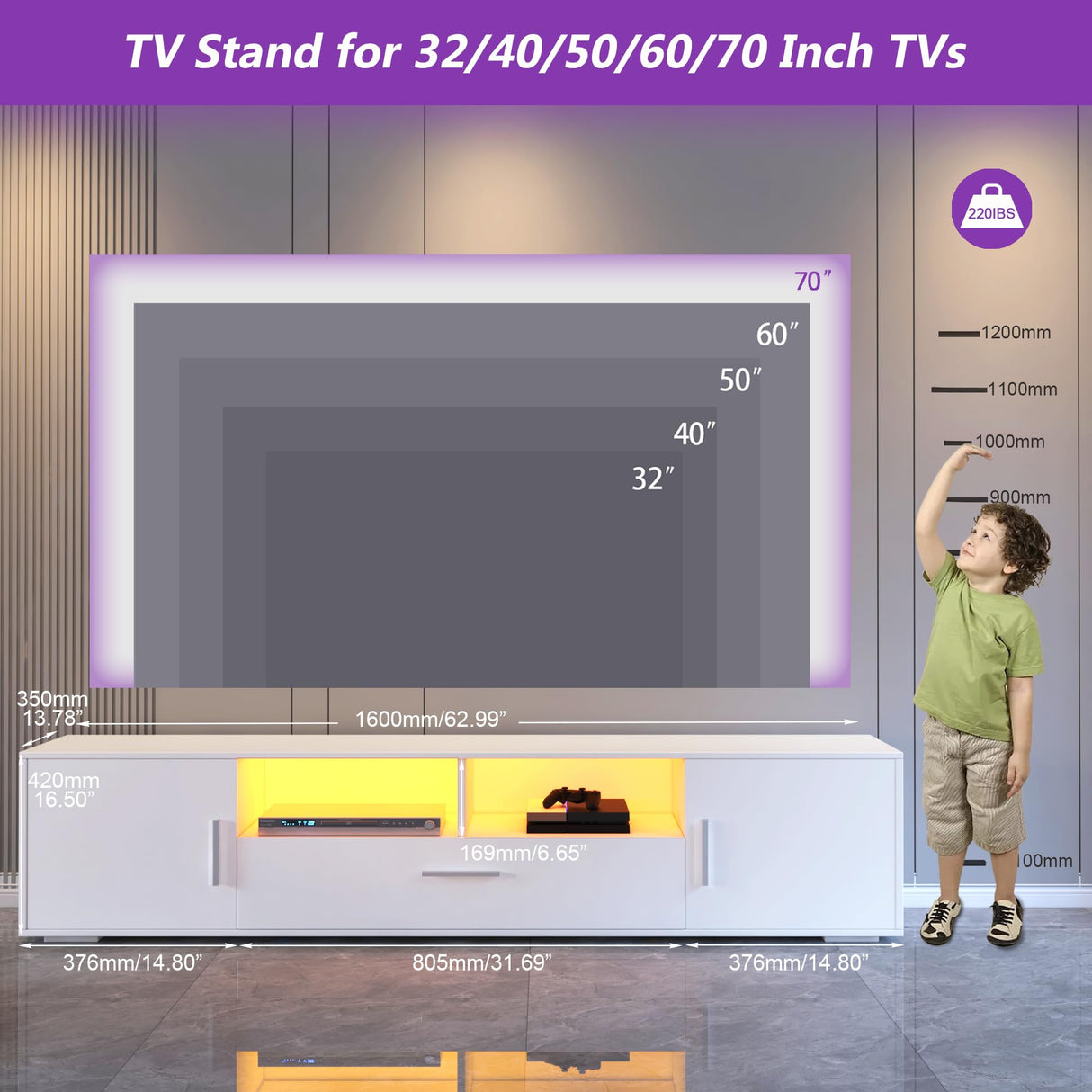 HaiQiwawo LED TV Stand for 75 Inch TV, High Gloss White 75 Inch TV Console Table, Modern Mirrored Entertainment Center with Storage Drawers and Lights for Living Room Gaming Room and Bedroom HaiQiwawo
