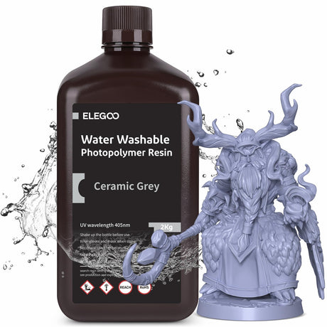 ELEGOO Water Washable 3D Printer Resin, 405nm Rapid UV Curing Standard Photopolymer Resin, Easy to Clean, High Precision 3D Water Wash Resin for LCD/MSLA/DLP 3D Printer Printing, Grey 2000g Deeplee