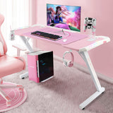 YOUTHUP Gaming Desk with LED Lights, 55 Inch Z Shaped Game Desk for PC Gamer, Ergonomic Racing Style Computer Table Workstation with Remote Control, Headphone Hook, Cup Holder, Handle Rack, Pink YOUTHUP