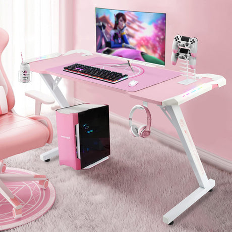 YOUTHUP Gaming Desk with LED Lights, 55 Inch Z Shaped Game Desk for PC Gamer, Ergonomic Racing Style Computer Table Workstation with Remote Control, Headphone Hook, Cup Holder, Handle Rack, Pink YOUTHUP
