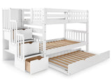 Bedz King Stairway Bunk Beds Twin over Twin with 3 Drawers in the Steps and a Twin Trundle, White Bedz King