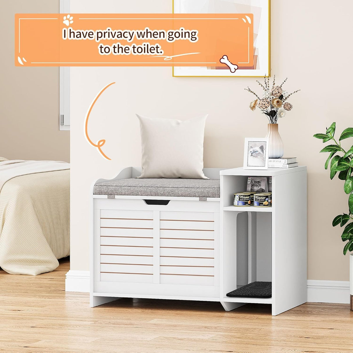 GAOMON Cat Litter Box Enclosure, Large Hidden Litter Box Furniture with Top Opening, Cushion, Storage Shelf, Litter Mat, Wooden Pet House End Table for Cats - White GAOMON