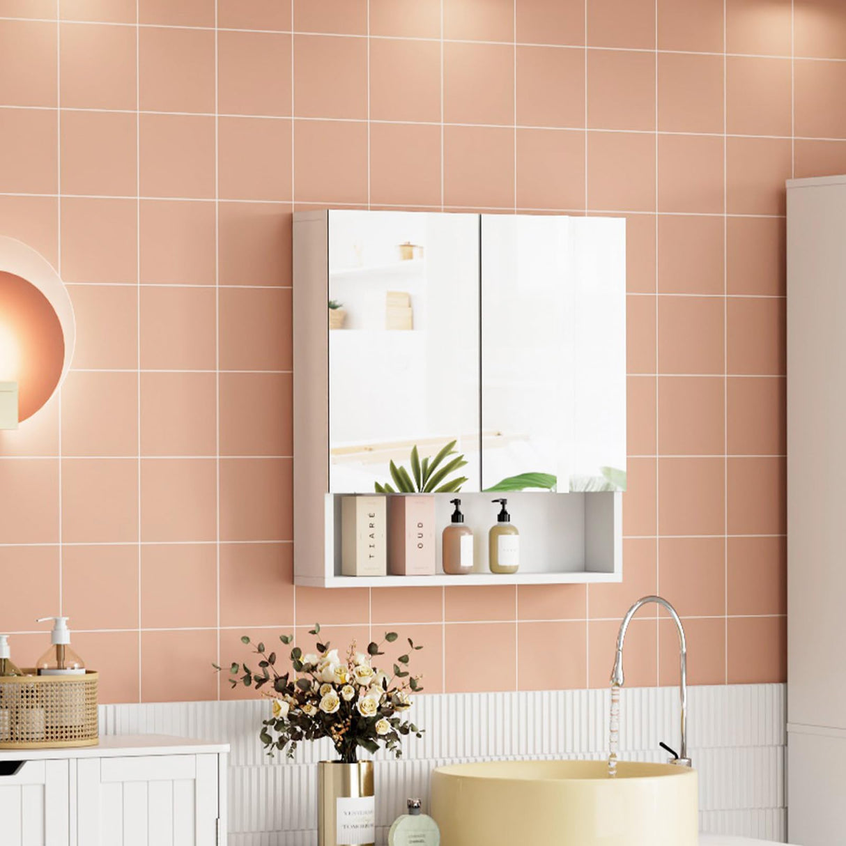 FOTOSOK Bathroom Wall Cabinet Medicine Cabinet, Wall Mounted Bathroom Mirror with Storage Mirror Cabinet with 2 Doors and Adjustable Shelf, Laundry Living Room, White FOTOSOK