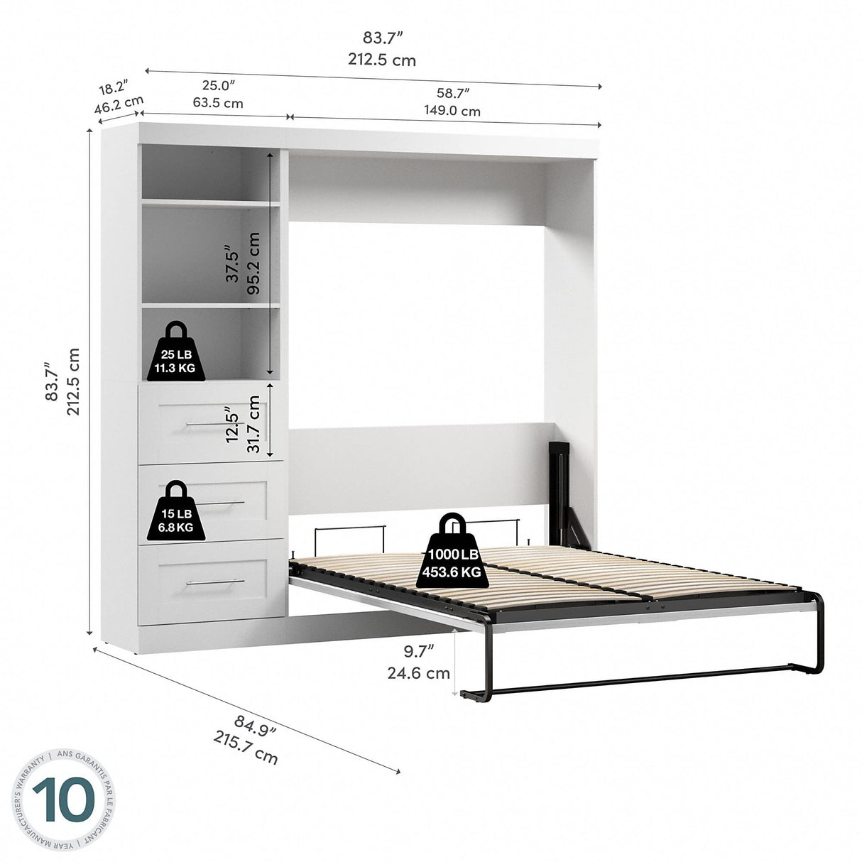 Bestar Pur Full Murphy Bed and Storage Unit with Drawers, 84-inch Space-Saving Wall Bed with Storage in White Bestar