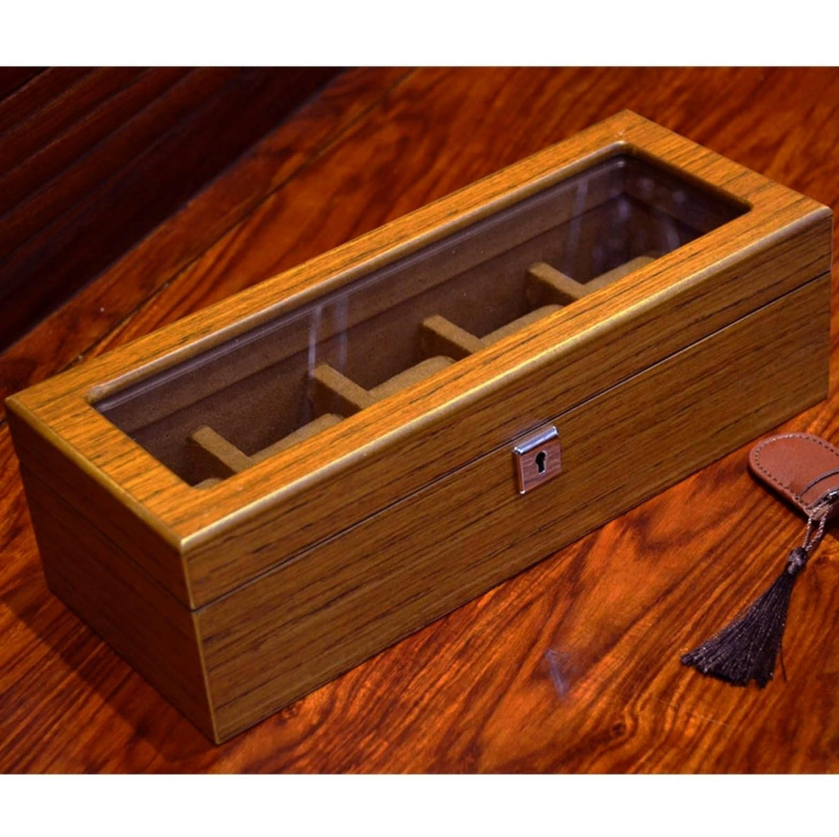 MCGDOO Wood Watch Box with Glass Top and Key Watch Display Case Watch Organizer Watch Cases Watch Storage for Men Women(5 Slots) MCGDOO