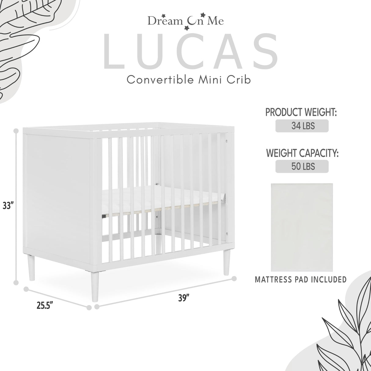 Dream On Me Lucas Mini Modern Crib with Rounded Spindles in White , 39x25.5x33 Inch (Pack of 1) Dream On Me