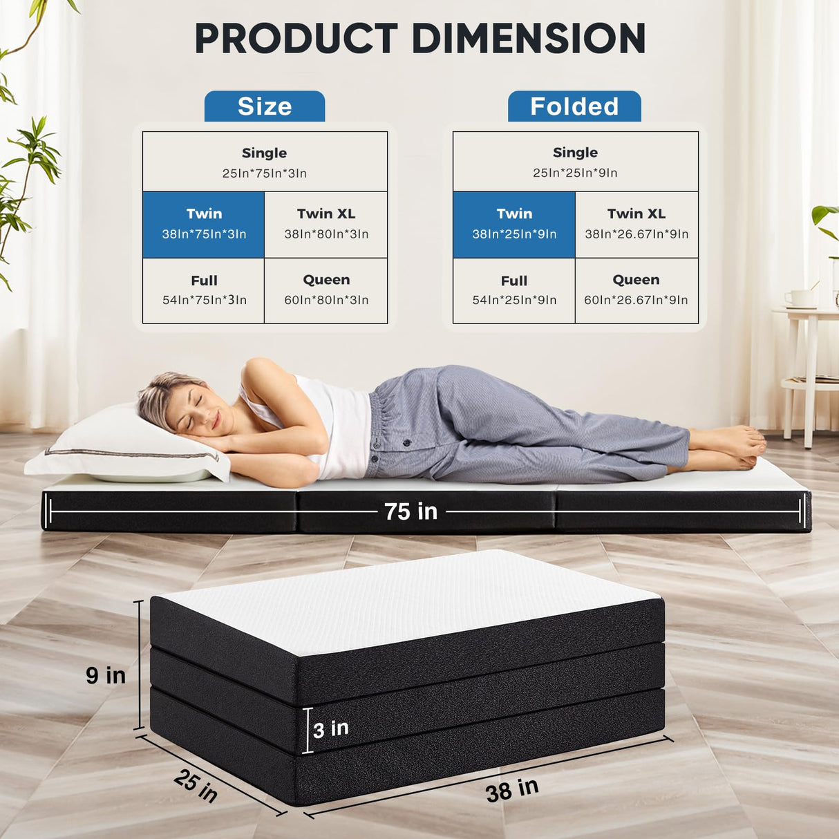 OLIXIS Tri-fold Memory Foam Mattress - 3 Inch Twin Size Portable Floor Bed, Foldable Mat for Kids and Adults, Collapsible and Washable Cover with CertiPUR-US Certified, for Travel & Camping & Yoga OLIXIS