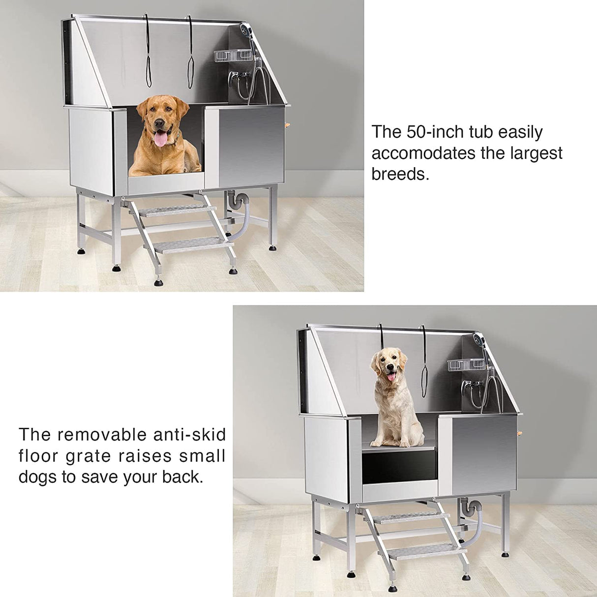 CO-Z 50” Dog Bathing Station for Large Dogs, Professional Dog Grooming Tub Pet Dog Washing Station for Home, Large Dog Bathtub with 304 Stainless Steel Tank, Removable Floor Grate, Steps, Faucet CO-Z