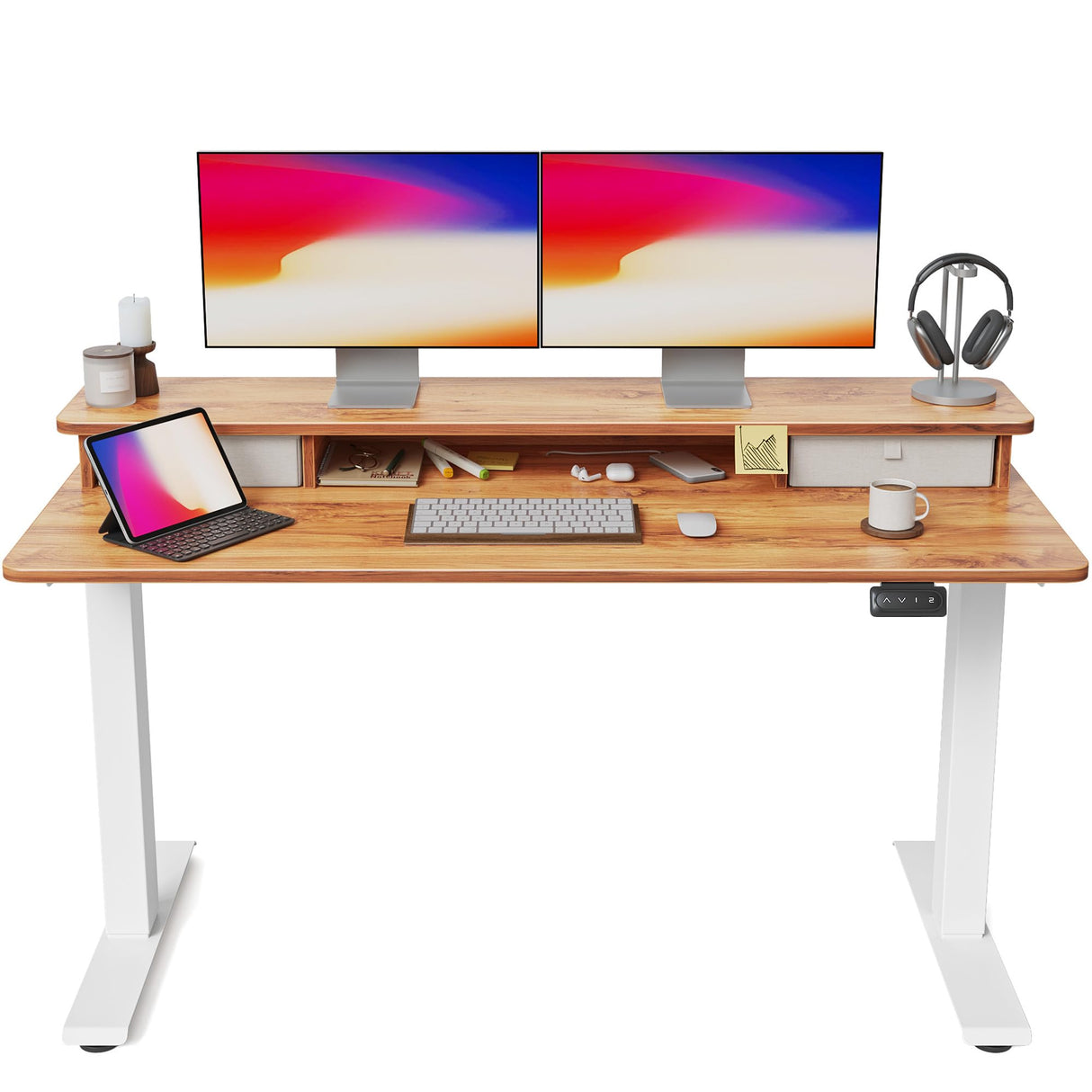 FEZIBO 55 x 24 Inch Height Adjustable Electric Standing Desk with Double Drawer, Stand Up Desk with Storage Shelf, Sit Stand Desk, Light Wood FEZIBO
