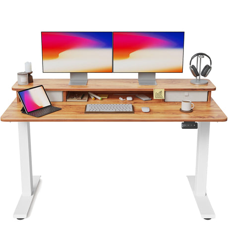 FEZIBO 55 x 24 Inch Height Adjustable Electric Standing Desk with Double Drawer, Stand Up Desk with Storage Shelf, Sit Stand Desk, Light Wood FEZIBO
