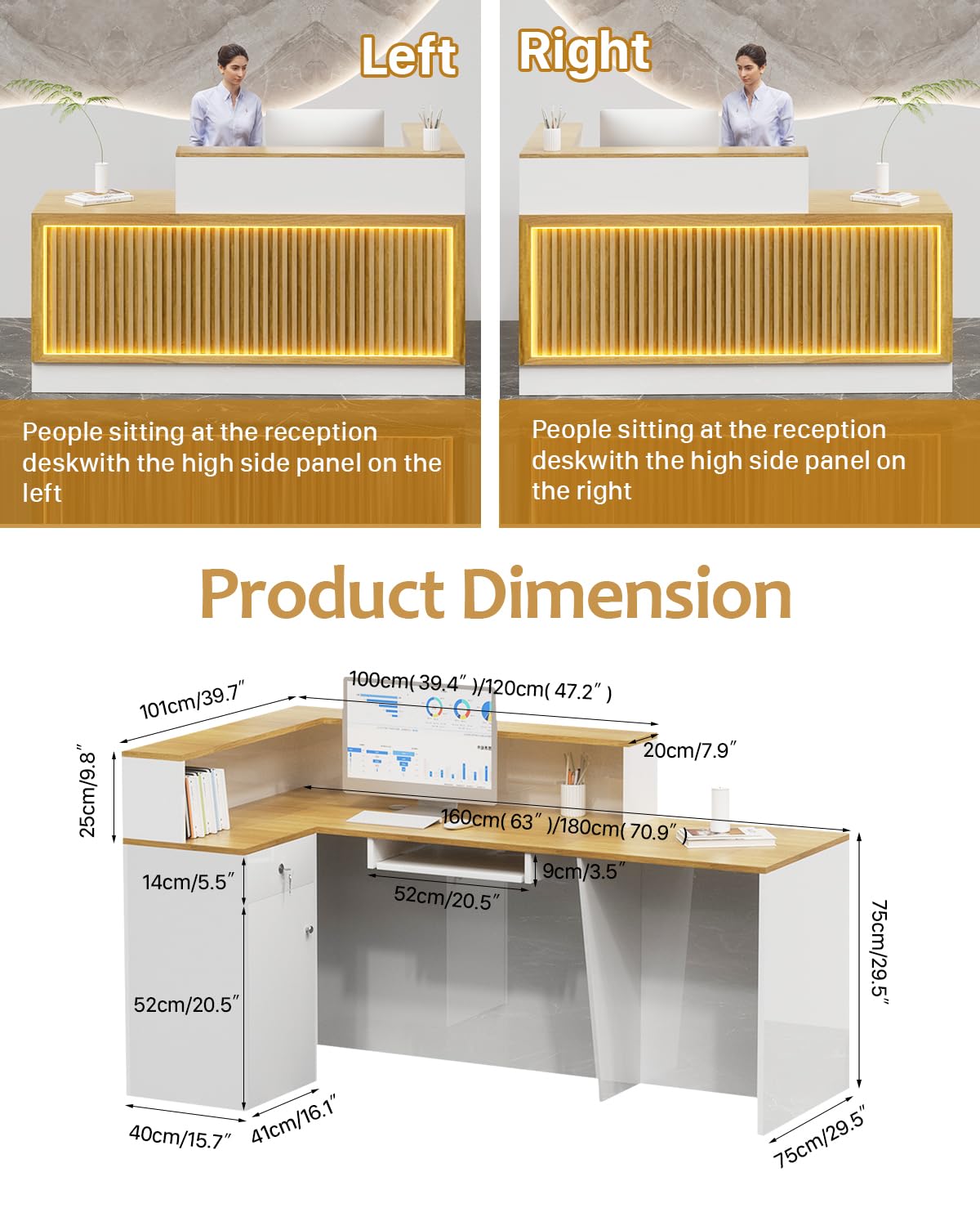 Modern Reception Desk, Solid Wood Reception Desk with Counter, Check Out Stand with Lockable Drawer & Cabinet, Retail Checkout Counter for Office, Store, Beauty Salon (L-Shaped-Long Grille-R, 63in) Gguileb