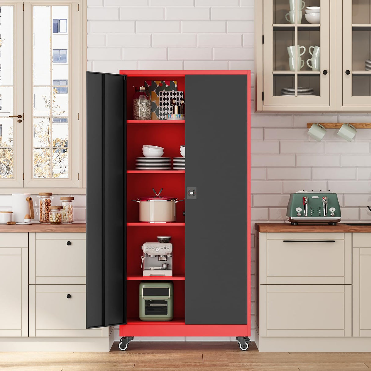 Fesbos Metal Rolling Storage Cabinet-74.6” Tall Steel File Cabinets with Wheels Lockable Doors and Adjustable Shelves-Black & Red Steel Storage Cabinet for Home, School, Office, Garage Fesbos