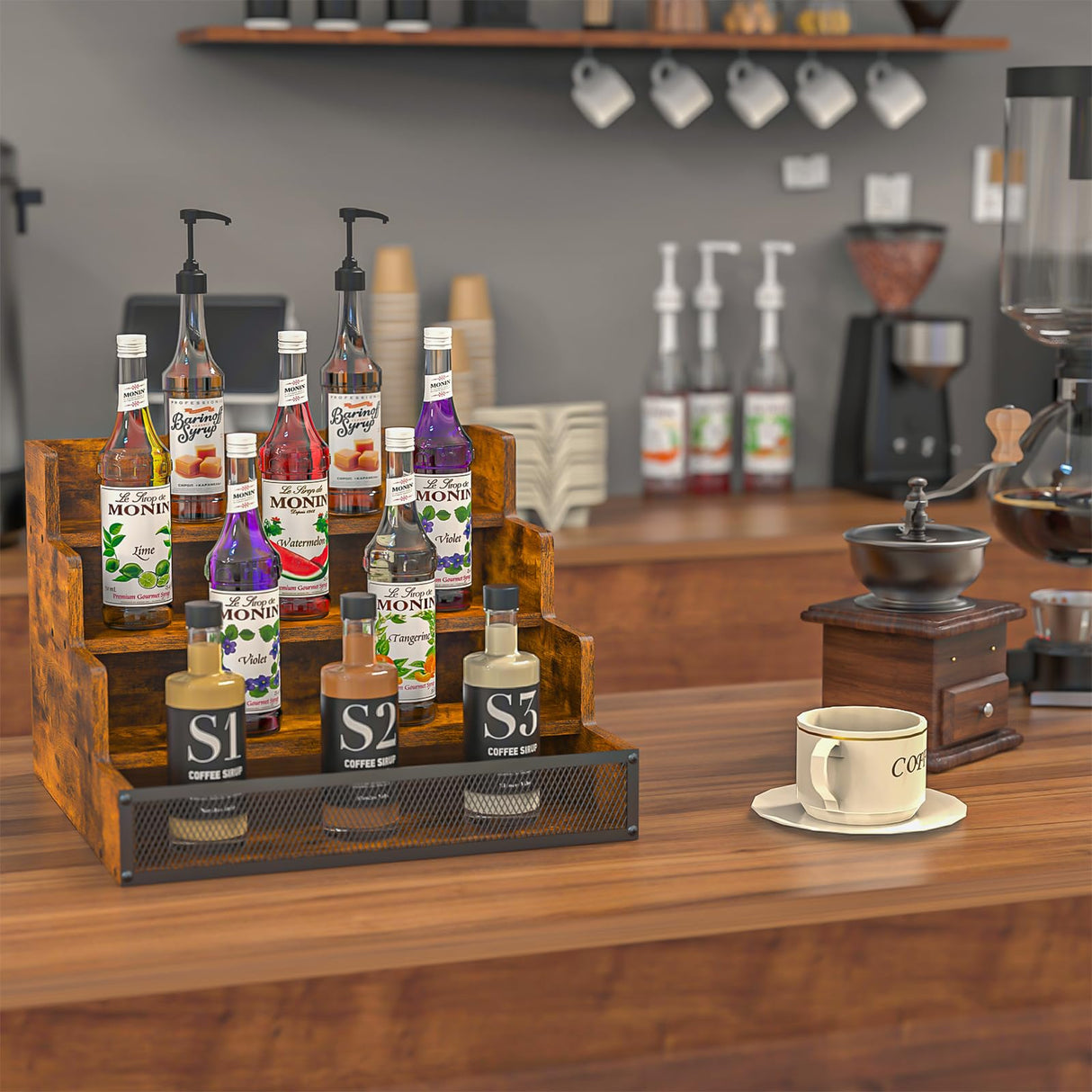 Yuzehuaza 4 Step Countertop Liquor Bottle Display Shelf, Wood Bar Shelves 16 Bottles with Fences, Freestanding Storage Shelves for Liquor Whiskey Wine Coffee Syrup Display, Retro Wine Rack Home Yuzehuaza