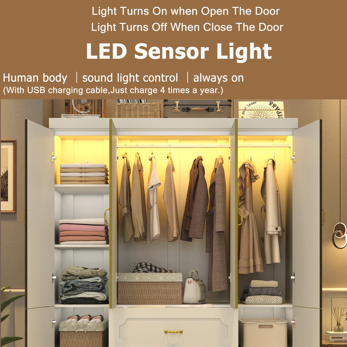 75" Tall 4 Doors Armoire Wardrobe Closet with Mirror and LED Light,Modern Freestanding White Wardrobe Armoire for Bedroom with Drawers,Modern Clothing Storage Cabinet for Bedroom(White) jiteentarou