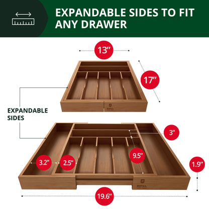 ROYAL CRAFT WOOD Luxury Bamboo Kitchen Drawer Organizer - Silverware Organizer - Utensil Holder and Cutlery Tray with Grooved Drawer Dividers for Flatware and Kitchen Utensils (9 Slot, Brown Bamboo)