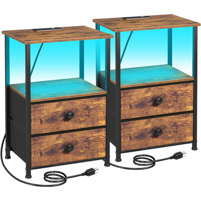 LOAKEKEL Night Stand Set 2, LED Nightstand with Charging Station, End Tables with Storage Shelf, Bedside Table with 2 Fabric Drawers for Bedroom, Small Spaces, Rustic Brown HETS02PBR