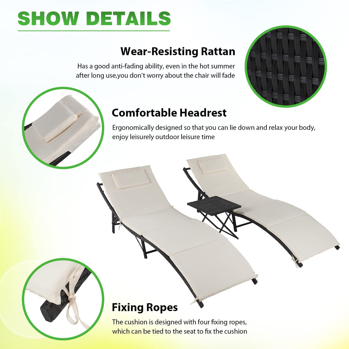 PayLessHere Patio Chaise Lounge Set of 3 Adjustable Back Outdoor Lounge Chair Folding Wicker Recliner Chair 2 Pieces Outside Chairs with Folding Table and Khaki Cushioned for Poolside Deck Lawn Beach PayLessHere