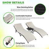 PayLessHere Patio Chaise Lounge Set of 3 Adjustable Back Outdoor Lounge Chair Folding Wicker Recliner Chair 2 Pieces Outside Chairs with Folding Table and Khaki Cushioned for Poolside Deck Lawn Beach PayLessHere