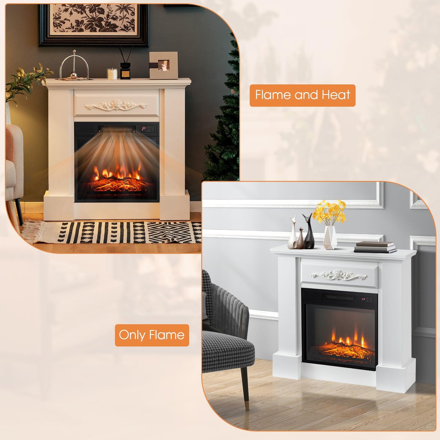 ORALNER 32” Electric Fireplace with Mantel, Package Wooden Firebox Surround Freestanding Fireplace Insert Heater w/ 3 Flame Effects, Remote & 6H Timer, Overheat Protection, 1400W (White)