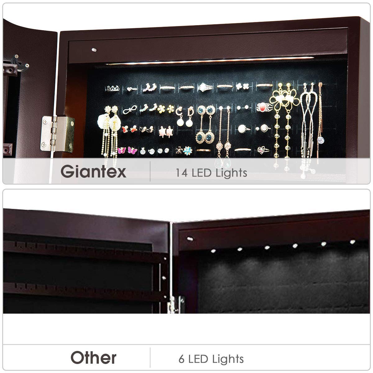 Giantex Jewelry Armoire Organizer with Full Length Mirror, 14 LEDs Floor Standing Jewelry Cabinet with 2 Drawers, 4 Adjustable Angles, Lockable Jewelry Storage Box Cabinet (Brown) - WoodArtSupply