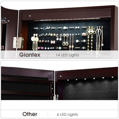 Giantex Jewelry Armoire Organizer with Full Length Mirror, 14 LEDs Floor Standing Jewelry Cabinet with 2 Drawers, 4 Adjustable Angles, Lockable Jewelry Storage Box Cabinet (Brown) - WoodArtSupply