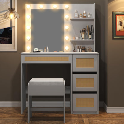 Furniouse Rattan Vanity Desk, Vanity Mirror with Lights and Table Set with 4 Drawers, Vanity Set 3 Lighting Modes Brightness Adjustable for Bedroom