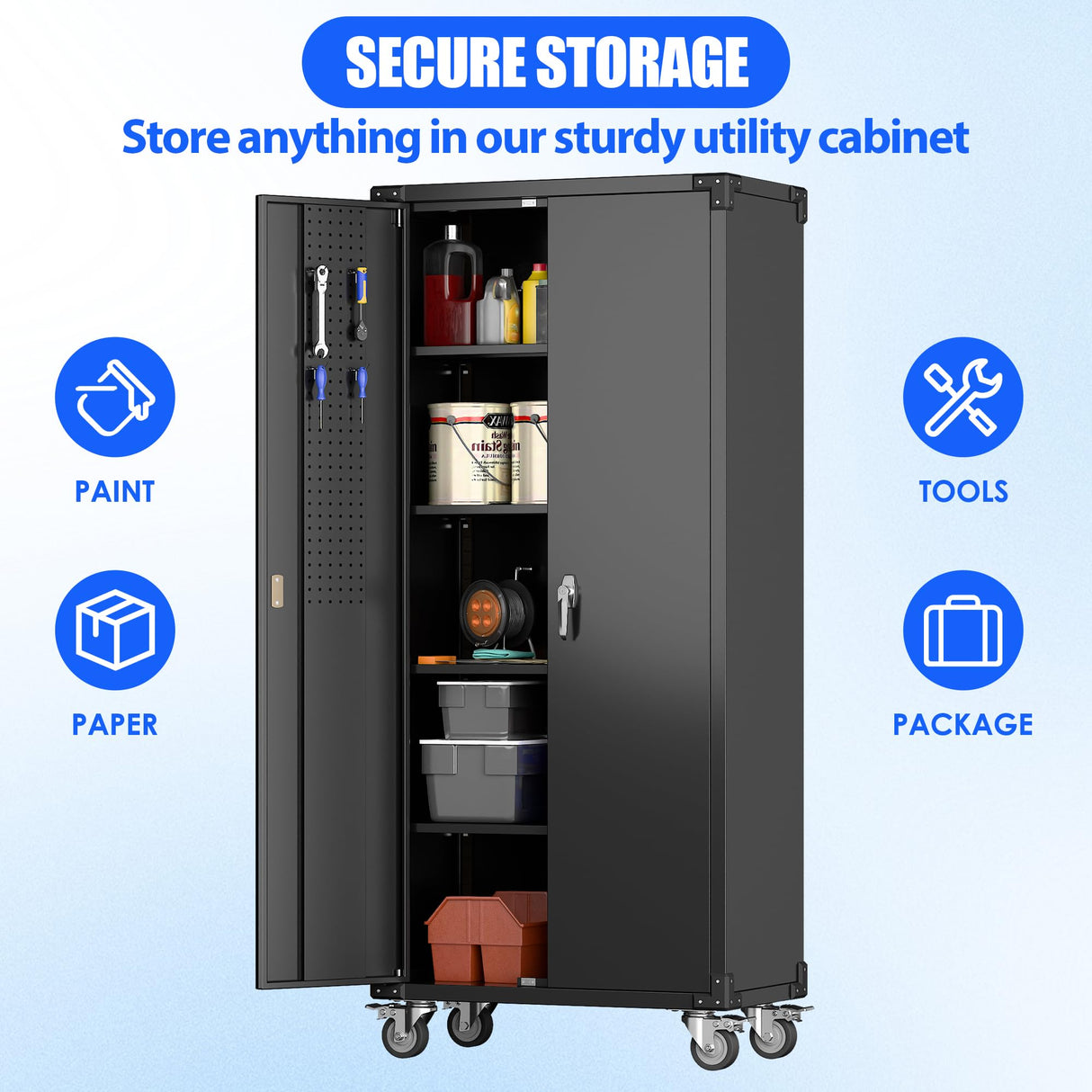 JAORD Metal Storage Cabinet Wheels,72'' Lockable Storage Cabinet with Wheels and Pegboard, Garage Cabinet with Doors and Shelves, Rolling Tool Cabinet for Office Home, Assembly Required(Black) JAORD