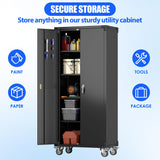 JAORD Metal Storage Cabinet Wheels,72'' Lockable Storage Cabinet with Wheels and Pegboard, Garage Cabinet with Doors and Shelves, Rolling Tool Cabinet for Office Home, Assembly Required(Black) JAORD