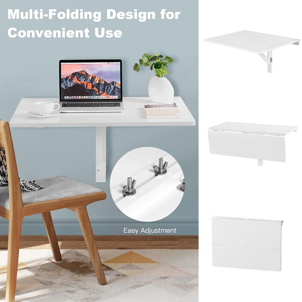 IFANNY Wall Mounted Folding Desk, Fold Down Desk Drop Leaf Table, Laundry Folding Table, Wood Floating Desk for Wall, Foldable Computer Desk Wall Mount, Wall Desks for Small Spaces (White) IFANNY