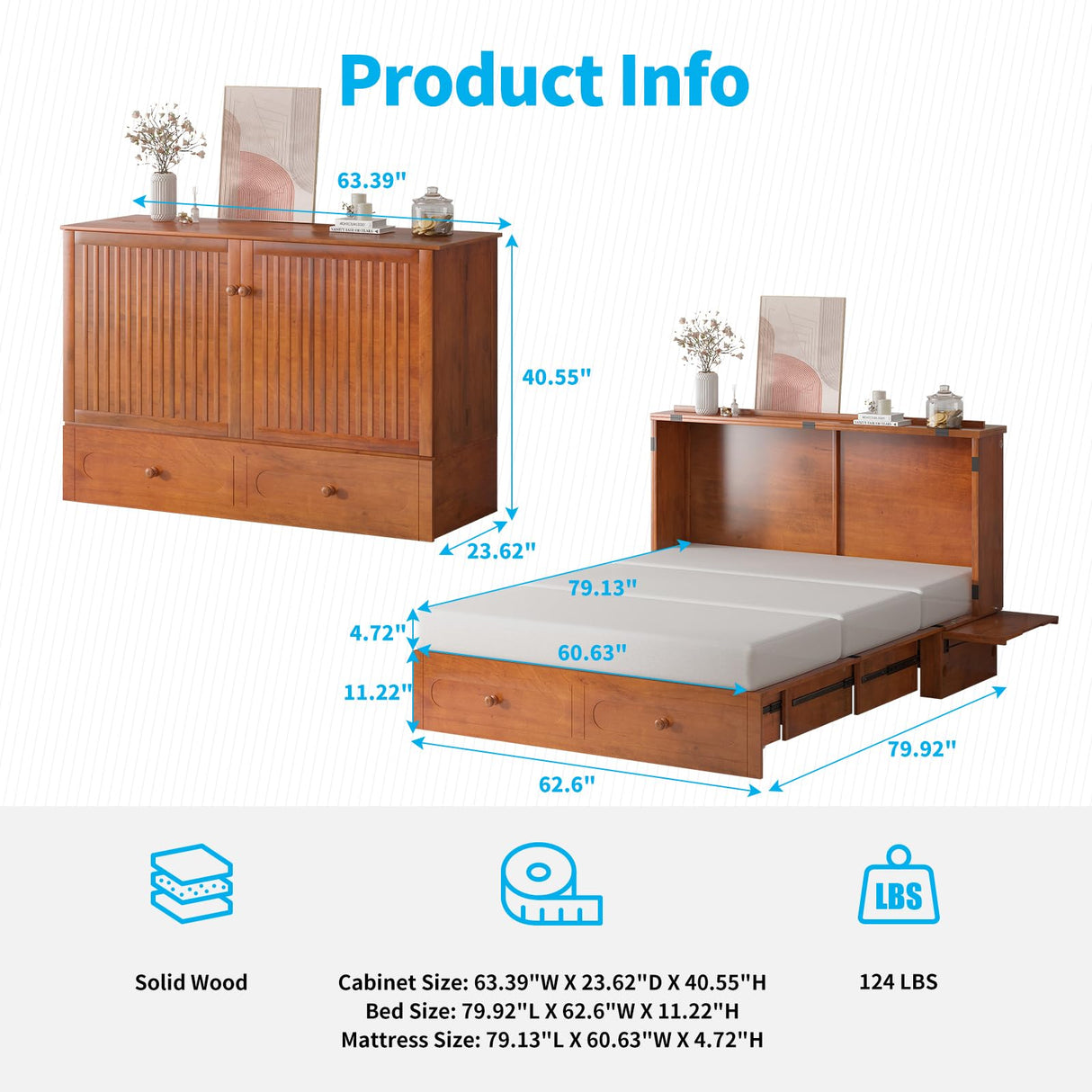 Mjkone Queen Size Murphy Bed Cabinet with Drawers and USB Charging Station, Wooden Versatile Wood Chest Cabinet Wall Bed with Tri-Fold Mattress, Modern Guest Beds for Bedroom Home Apartment - Cherry Mjkone
