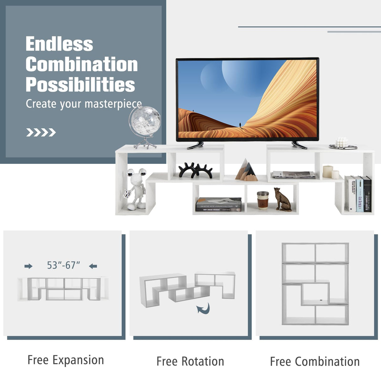 GOFLAME 3 Pieces TV Console Stand, Modern Entertainment Center for 50 55 60 65 Inch Flat Screen TV, Free Combination Bookcase for Storage & Display, Suitable for Living Room, Bedroom (White) GOFLAME