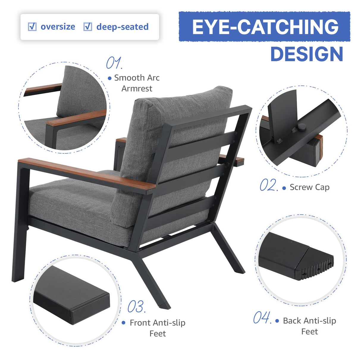 Soleil Jardin Aluminum Patio Furniture Set with FSC Certified Solid Wood Top Armrest & Coffee Table, Outdoor Deep Seating Sectional Sofa, 5 Piece Conversation Sets w/Removable Cushion, Dark Grey Soleil Jardin