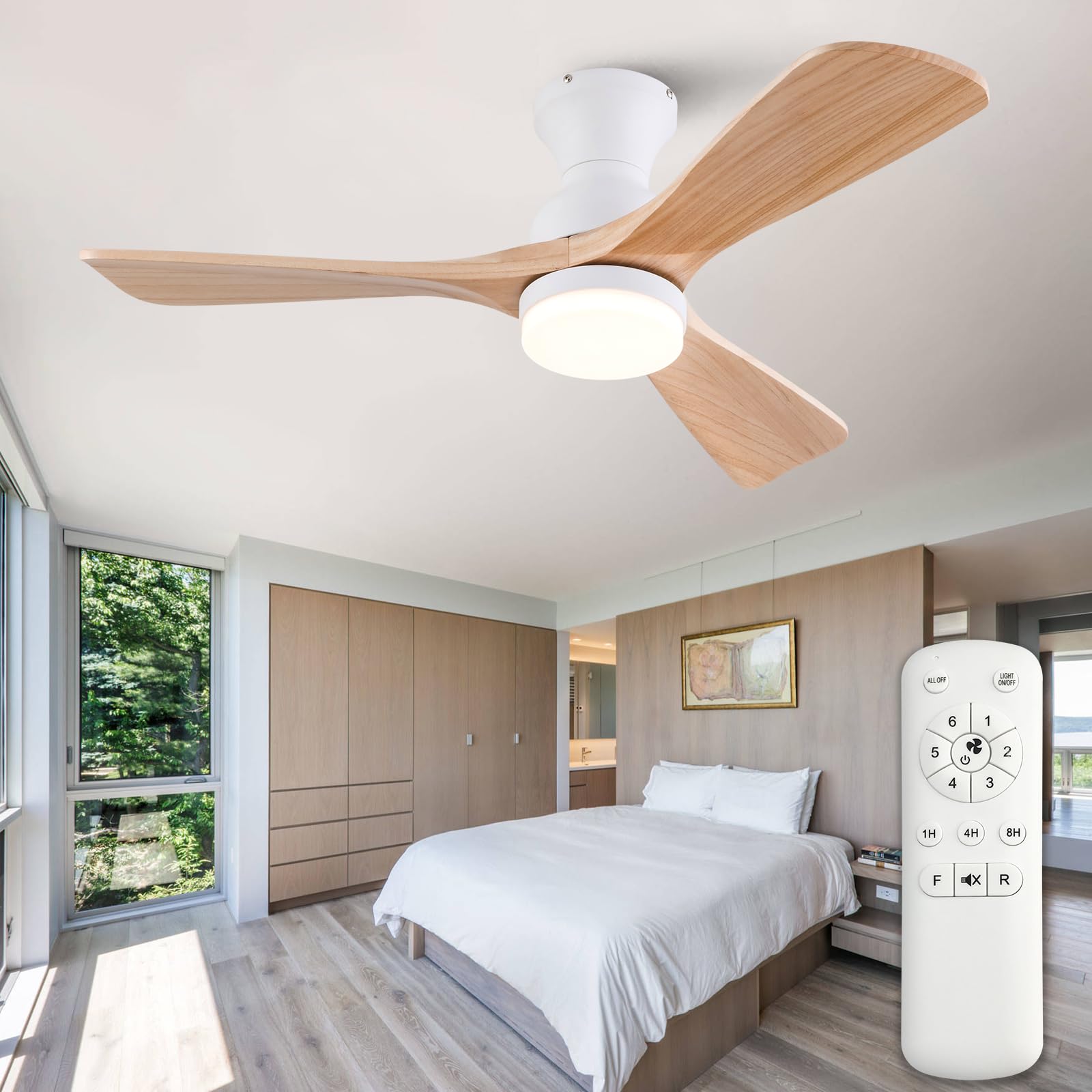 XBIBI 42 Inch Low Profile Ceiling Fan with Light and Remote, 6 Speeds DC Motor Flush Mount Ceiling Fan, 3 Color Temperatures Wood Hugger Ceiling Fans with Lights, Indoor Outdoor Ceiling Fans - WoodArtSupply