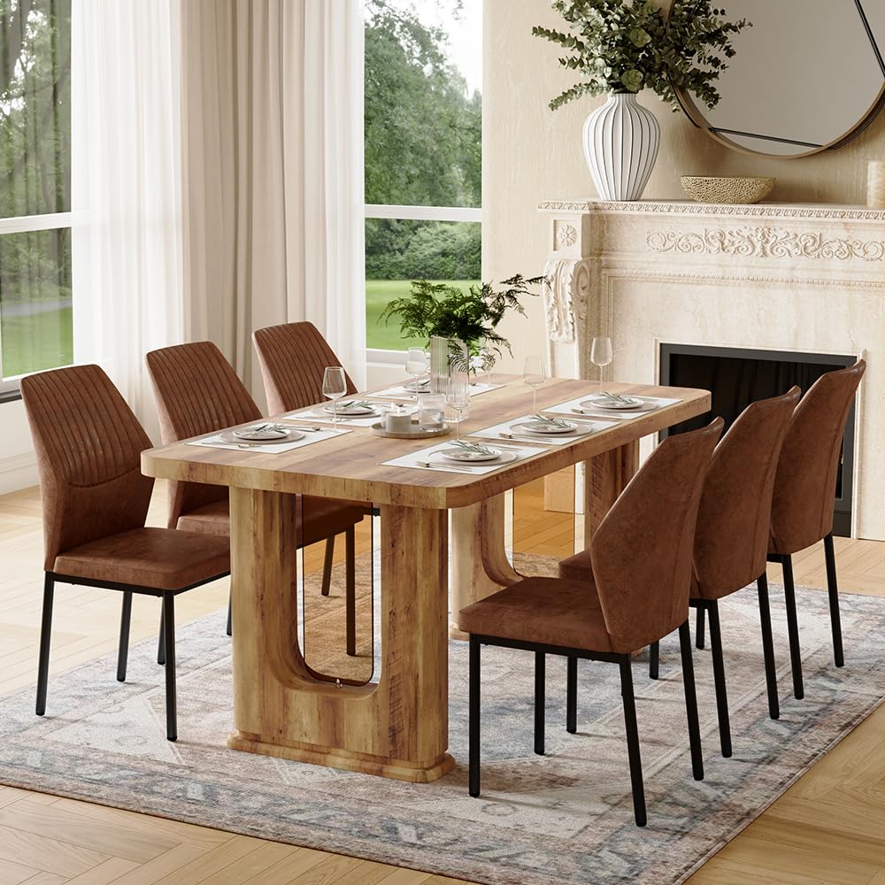 Rejeke 64.5" Dining Room Table Set for 6, Modern Farmhouse Wood Dining Table Set with Decorative Pedestal Legs & 6 Cushioned Chairs,Rustic Brown Kitchen Table Set for Kitchen, Easy Assembly Rejeke