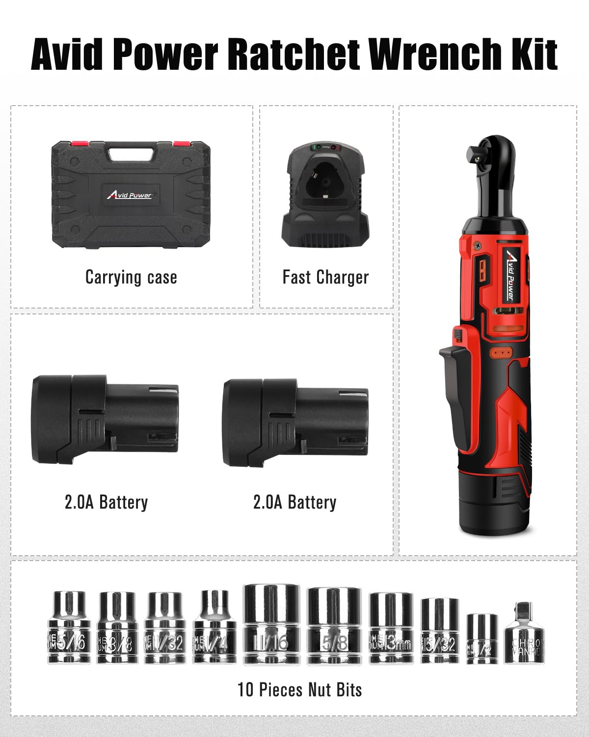 AVID POWER Cordless Electric Ratchet Wrench 3/8", 44.2 Ft-lbs 12V Power Ratchet Wrench Kit w/Two 2.0Ah Batteries, 1-Hour Fast Charger, Variable Speed and 10 Sockets - WoodArtSupply