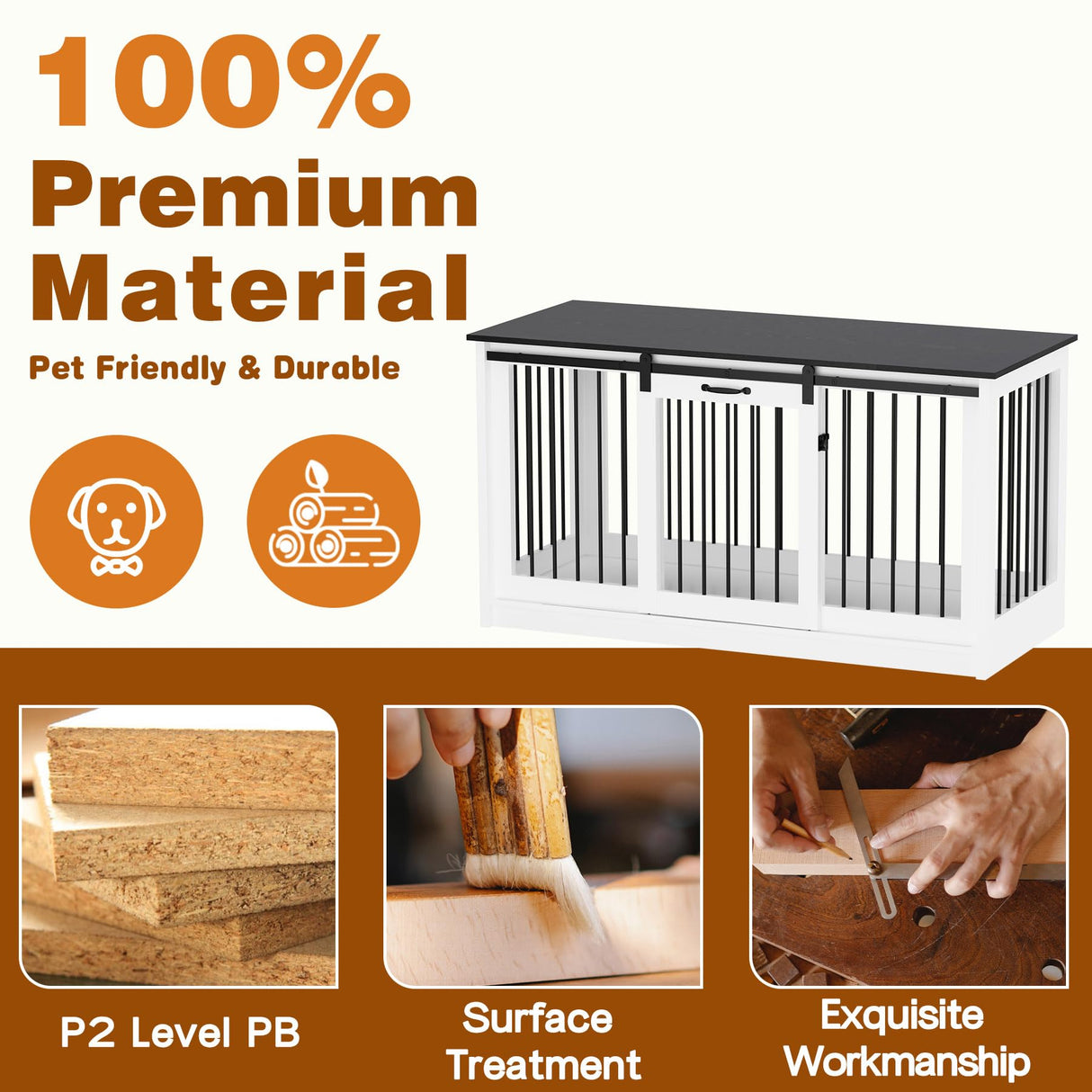 PIAOMTIEE 55 Inch Furniture Style Dog Crate for Large Medium Breed Dogs, Indoor Heavy Duty Dog Kennel House with Sliding Doors, Rustic Dog Crate Furniture Side End Table TV Stand, White PIAOMTIEE