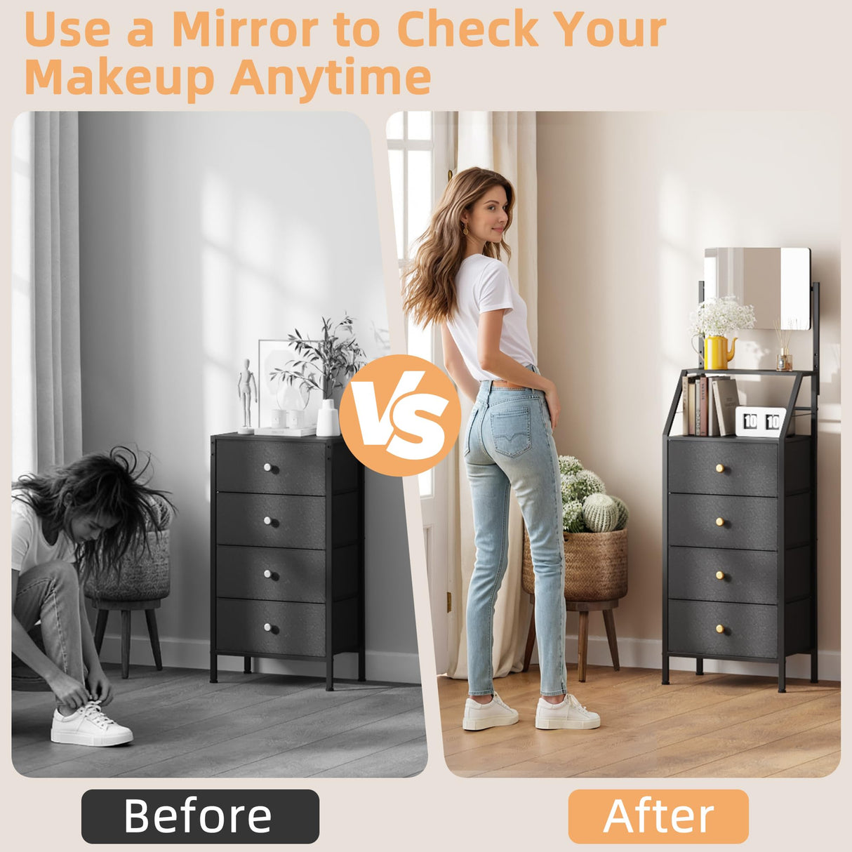 HIGDBFE Dresser with Mirror, 4 Drawers Dresser with 2-Tier Shelves, Freestanding Fabric Chest of Drawers for Small Space, Tall Narrow Nightstand Vanity for Bedroom, Hallway, Dorm, Black, 15.3" W HIGDBFE