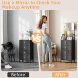 HIGDBFE Dresser with Mirror, 4 Drawers Dresser with 2-Tier Shelves, Freestanding Fabric Chest of Drawers for Small Space, Tall Narrow Nightstand Vanity for Bedroom, Hallway, Dorm, Black, 15.3" W HIGDBFE