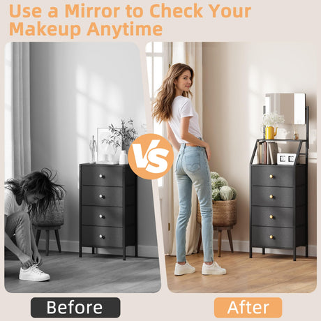 HIGDBFE Dresser with Mirror, 4 Drawers Dresser with 2-Tier Shelves, Freestanding Fabric Chest of Drawers for Small Space, Tall Narrow Nightstand Vanity for Bedroom, Hallway, Dorm, Black, 15.3" W HIGDBFE