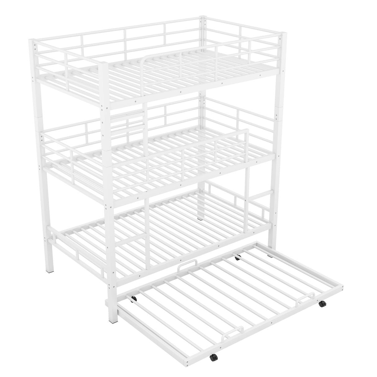 Metal Triple Bunk Bed Twin Over Twin Over Twin, Triple Bunk Bed with Trundle, 3-Tier Bunk Bed with 2 Ladders and Guardrails, Triple Bunk Beds for Kids(White Twin) Bellemave