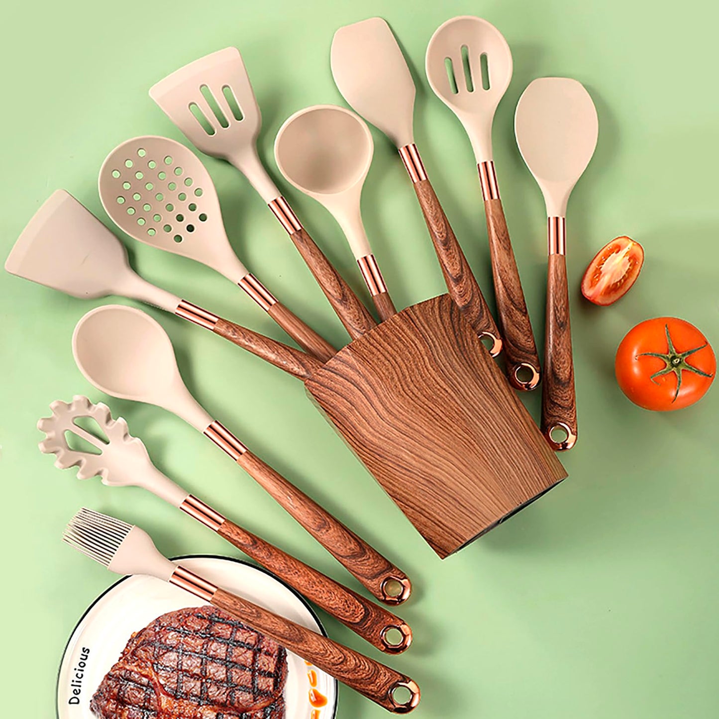 Silicone Kitchen Utensils Set with Holder- 24pcs Cooking Utensils Set, Wood Pattern Handle Silicone Utensils for Cooking with Food Safety Turner, Pasta Server, Skimmer, Ladle, Spoon, Tong, Whisk