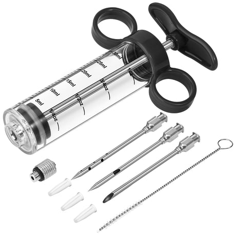 Kingsmile Meat Injector Syringe, Marinade Injector with 3 Needles for BBQ Grill, 1OZ /30ML Turkey Injector Syringe, Handle Meat Injector for Smoking, Flavor Injector for Meat with Cleaning Brush Black Kingsmile