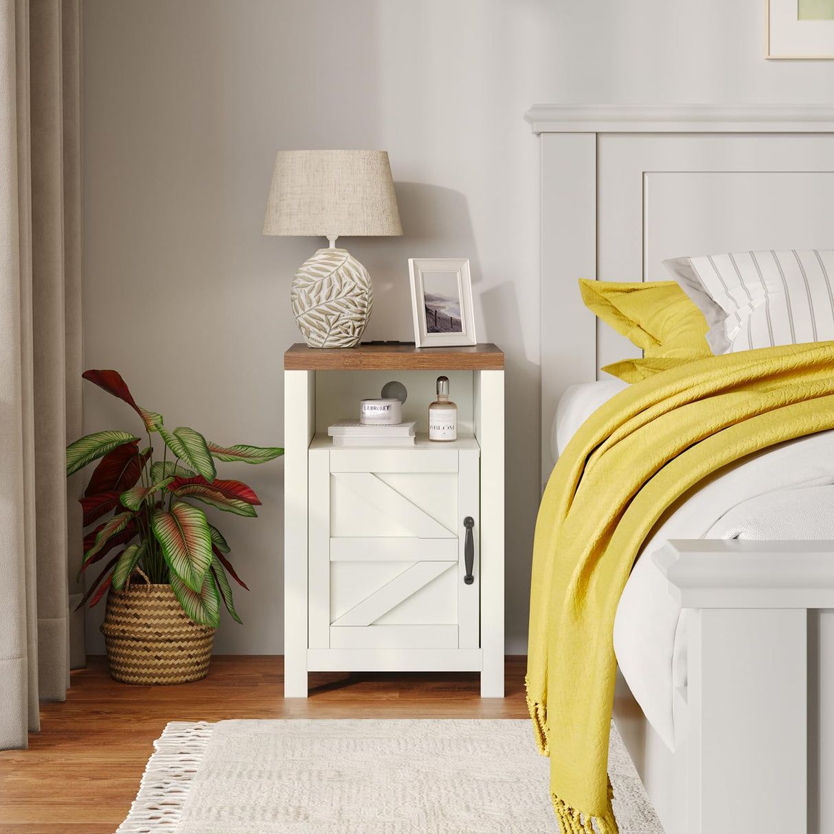 MXV Farmhouse Nightstands with Charging Station, End Tables Set of 2 with Barn Door, Sofa Side Table with Storage Space for Bedroom, Living Room (White) MXV